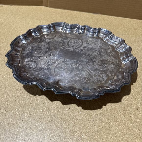 VTG Footed Silverplate Serving Tray Victorian Scroll & Cartouche Design Unmarked - Picture 1 of 10
